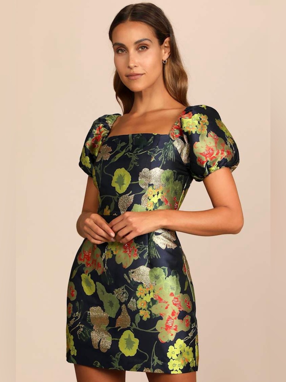 So Stunning Navy Blue Floral Jacquard Puff Sleeve Mini Dress size XS